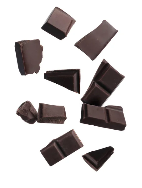 Pieces Chocolate Bar Falling White Background — Stock Photo, Image