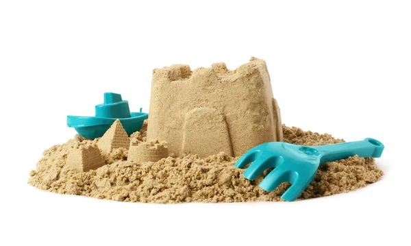 Schöne Sandburg Und Plastik Strandspielzeug Isoliert Auf Weiß Spiel Unter — Stockfoto