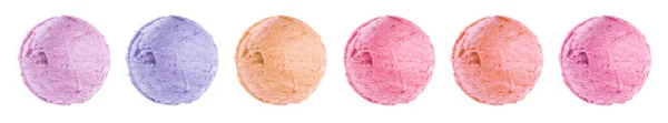 Dondurma Kepçeleri Farklı Renkler Tatlar Beyaz Üst Görünümde Izole — Stok fotoğraf