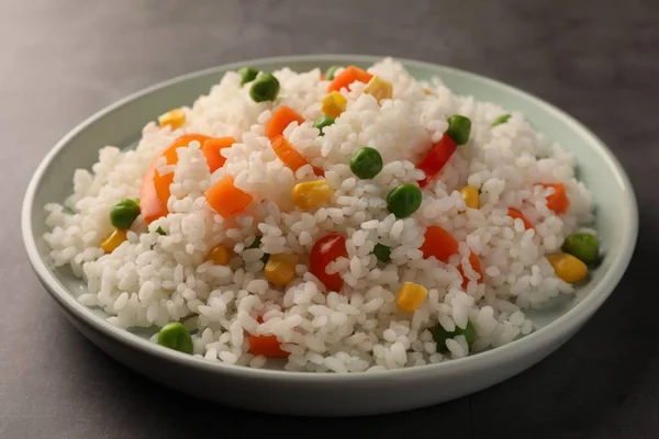 Delicious Rice Vegetables Grey Table Closeup — Stock Photo, Image