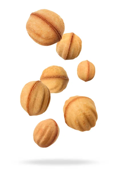 Viele Leckere Nussförmige Kekse Mit Karamellisierter Kondensmilch Auf Weißem Hintergrund — Stockfoto