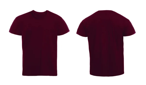 Przodu Tyłu Widok Ciemnoczerwony Męski Shirt Białym Tle Makieta Projektowania — Zdjęcie stockowe
