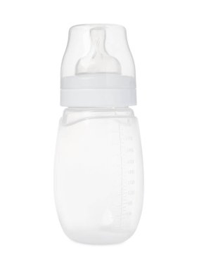 One empty feeding bottle for baby milk isolated on white