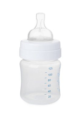 Bebek maması için boş beslenme şişesi beyaza izole edilmiş.