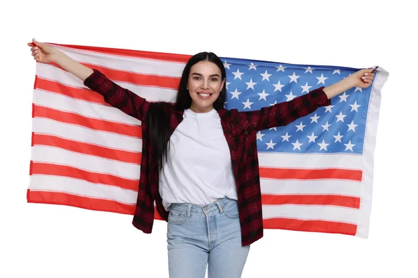 4Th July Independence Day America Happy Woman Holding National Flag — Stock Photo, Image