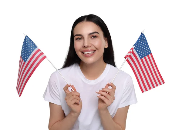 Julho Dia Independência América Mulher Feliz Segurando Bandeiras Nacionais Dos — Fotografia de Stock