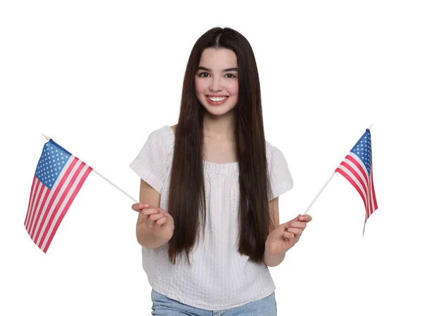 Ιουλίου Ημέρα Ανεξαρτησίας Της Αμερικής Ευτυχισμένο Έφηβο Κορίτσι Κρατώντας Εθνικές — Φωτογραφία Αρχείου