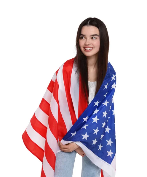 Julho Dia Independência América Menina Adolescente Feliz Segurando Bandeira Nacional — Fotografia de Stock
