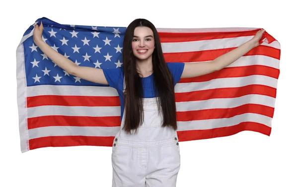 Lipca Dzień Niepodległości Ameryki Happy Teen Girl Gospodarstwa Flaga Narodowa — Zdjęcie stockowe