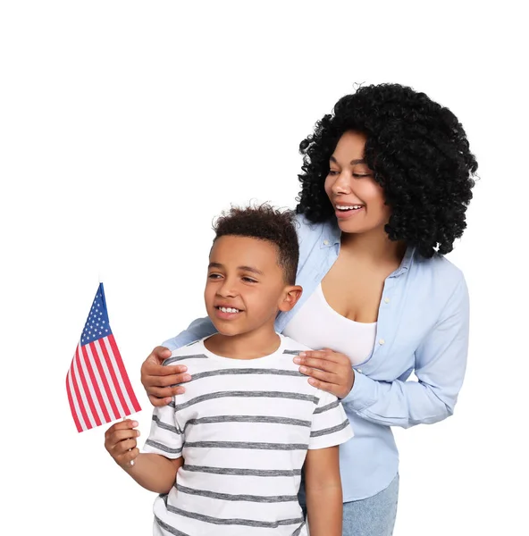 Julio Día Independencia América Mujer Feliz Hijo Con Bandera Nacional — Foto de Stock