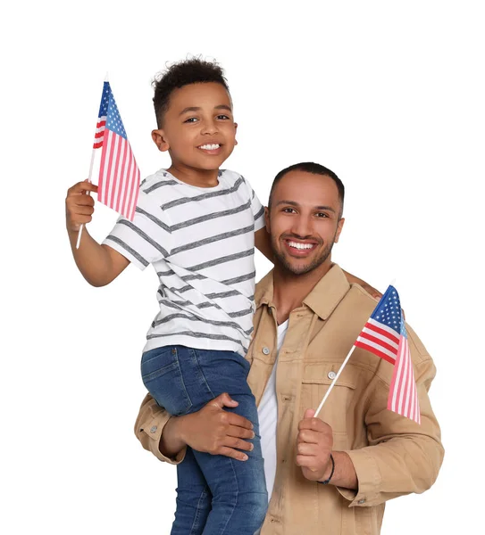 Julio Día Independencia América Feliz Hombre Hijo Con Banderas Nacionales — Foto de Stock