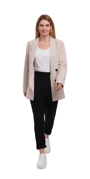 Schöne Glückliche Geschäftsfrau Fuß Auf Weißem Hintergrund — Stockfoto