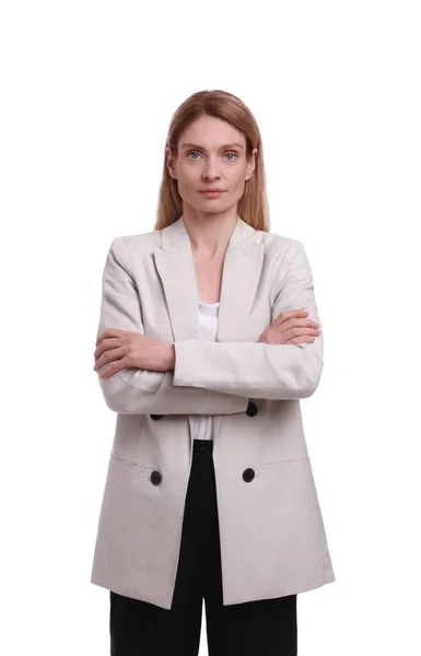 Beautiful Businesswoman Crossing Arms White Background — Stock Photo, Image