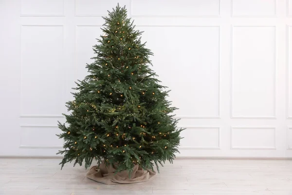 Bela Árvore Natal Decorada Com Luzes Festivas Perto Parede Branca — Fotografia de Stock
