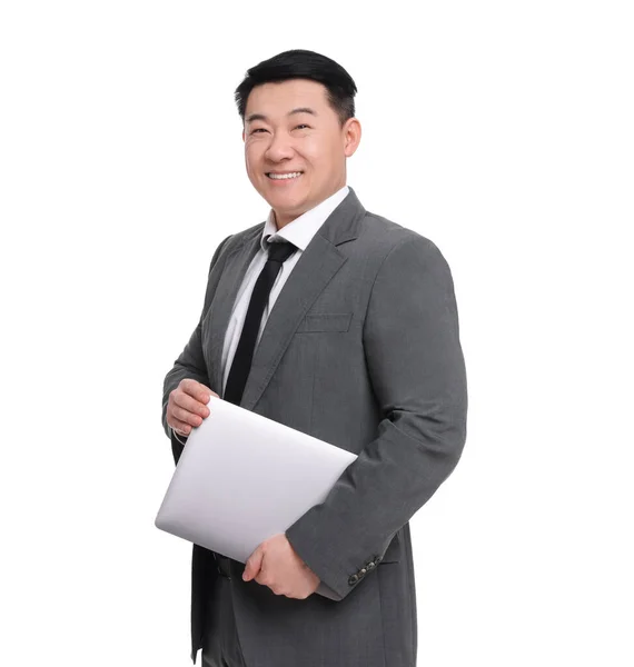 Businessman Suit Laptop Posing White Background — Stock Photo, Image