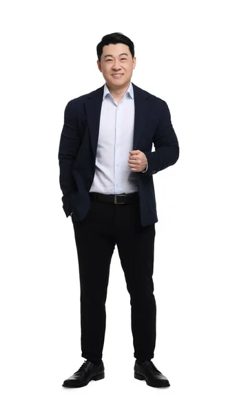 Affärsman Kostym Poserar Vit Bakgrund — Stockfoto