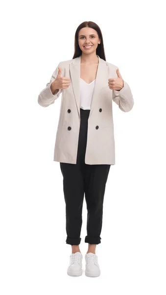 Schöne Geschäftsfrau Anzug Zeigt Daumen Nach Oben Auf Weißem Hintergrund — Stockfoto