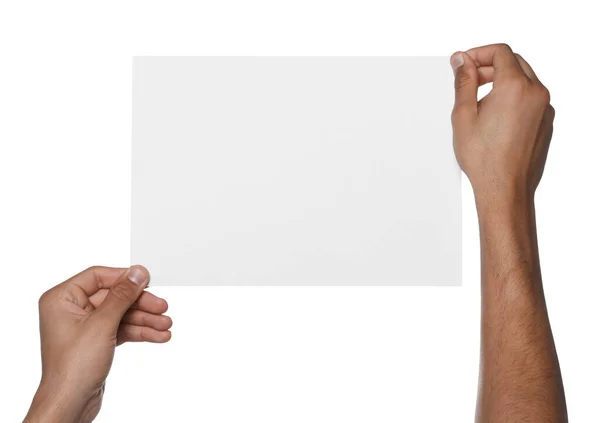 Uomo Che Tiene Foglio Carta Sfondo Bianco Primo Piano Mockup — Foto Stock