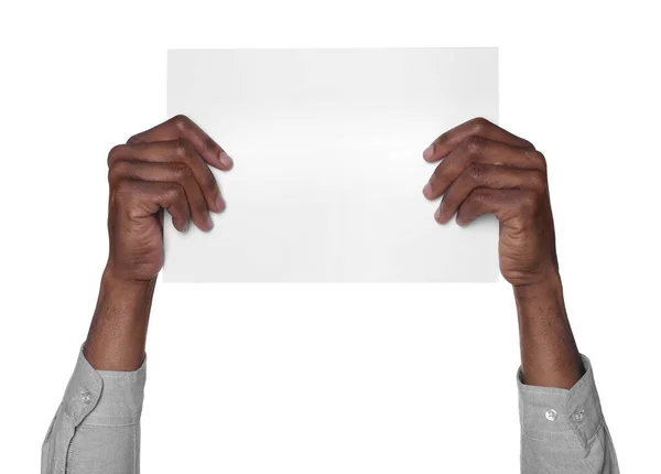Афроамериканець Тримає Аркуш Паперу Білому Фоні Шафу Підготовка Дизайну — стокове фото