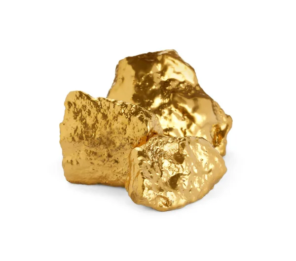 Tre Glänsande Guld Nuggets Vit Bakgrund — Stockfoto