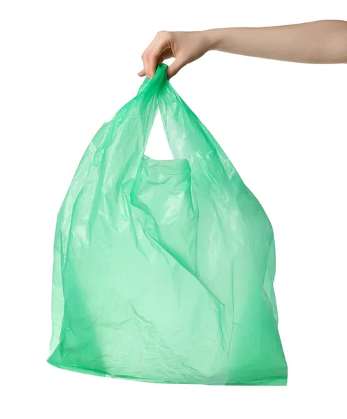 Γυναίκα Κρατώντας Πράσινη Πλαστική Σακούλα Απομονώνονται Λευκό Closeup — Φωτογραφία Αρχείου