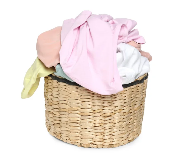 Hasır Çamaşır Sepeti Beyaz Tenli Temiz Renkli Giysiler — Stok fotoğraf
