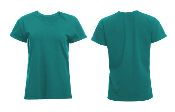 白底女人T恤衫的前后景色 用于设计的模型 — 图库照片