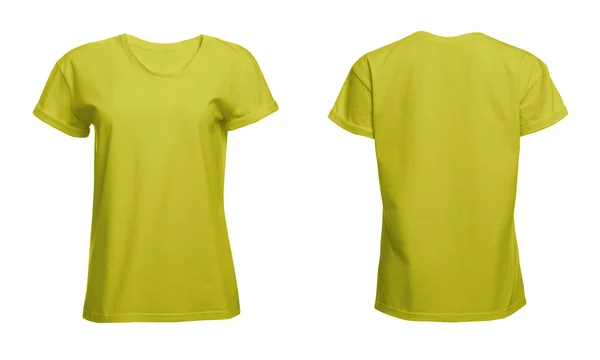 白を背景にライトイエローの女性のTシャツのフロントとバックビュー デザインのためのモックアップ — ストック写真