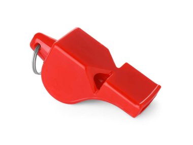 Bir kırmızı plastik ıslık beyaza izole edilmiş.