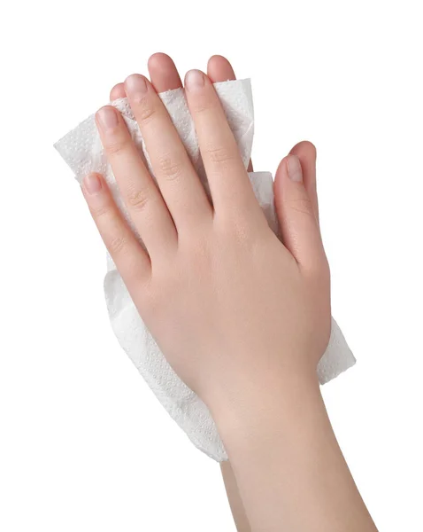 Beyaz Arka Planda Kağıt Havluyla Ellerini Silen Kadın Yakın Plan — Stok fotoğraf