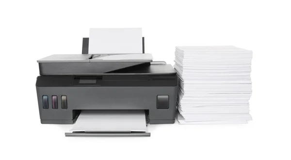 Imprimante Moderne Pile Papier Sur Fond Blanc — Photo