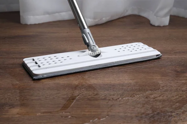 Cleaning Dirty Parquet Floor Mop Closeup — Stock Photo, Image