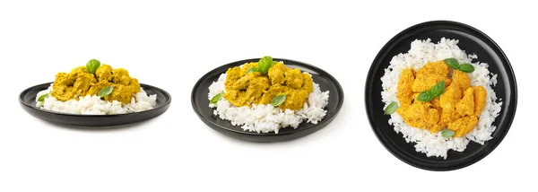 Heerlijke Kip Curry Met Rijst Witte Achtergrond Verschillende Uitzichten Collageontwerp — Stockfoto