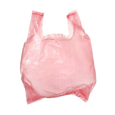 Bir pembe plastik torba beyaza izole edilmiş.