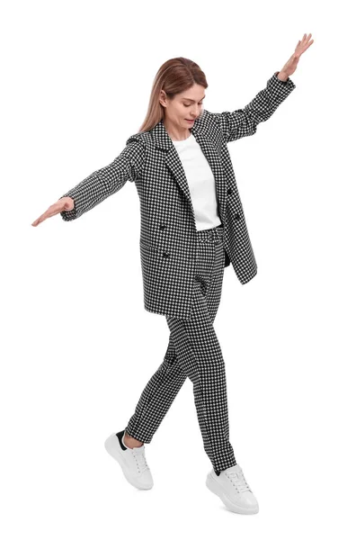 Mulher Negócios Bonita Terno Andando Sobre Fundo Branco — Fotografia de Stock