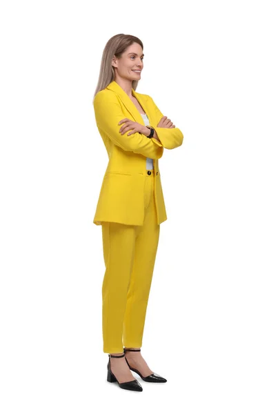 Beautiful Happy Businesswoman Crossing Arms White Background — Stock Photo, Image