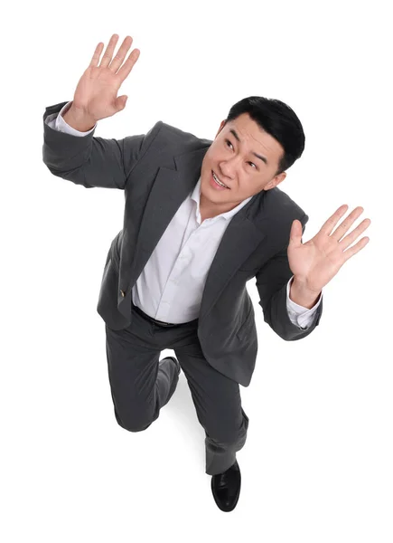 Scared Businessman Suit Posing White Background View — Stock Photo, Image