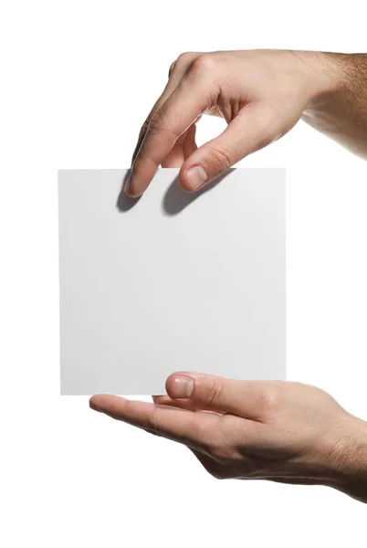 Beyaz Arka Planda Kağıt Tutan Adam Yakın Plan Tasarım Için — Stok fotoğraf