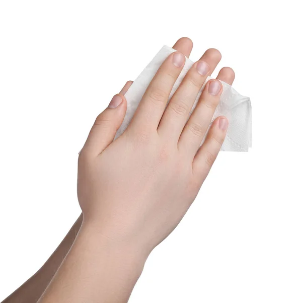 Mulher Limpando Mãos Com Toalha Papel Fundo Branco Close — Fotografia de Stock