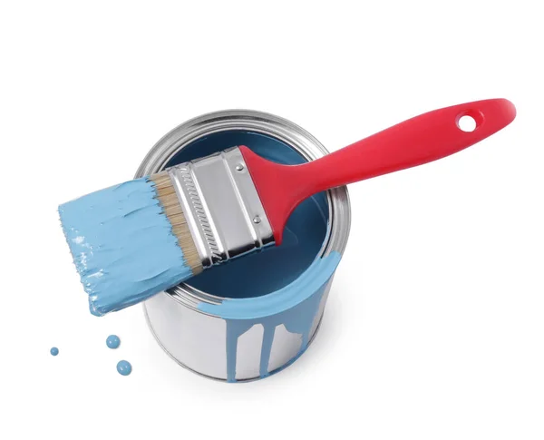 stock image Can of light blue paint and brush isolated on white, view from above