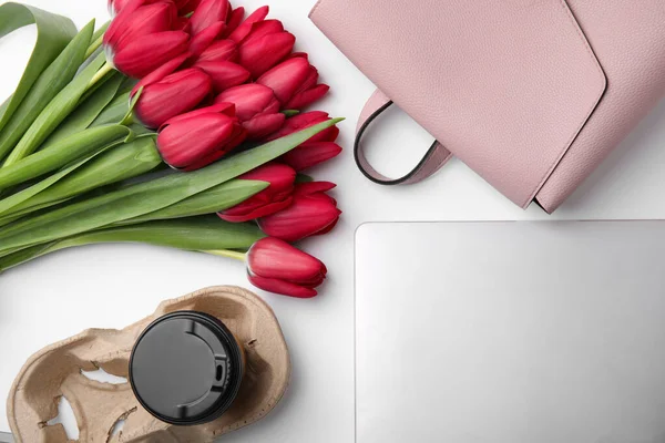Flat Lay Composition Beautiful Tulips Laptop White Table — Stock Photo, Image