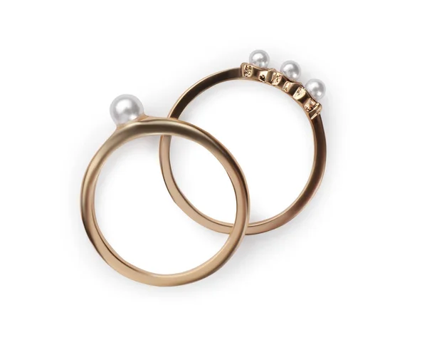 Anéis Elegantes Com Pérolas Isoladas Branco Vista Superior — Fotografia de Stock