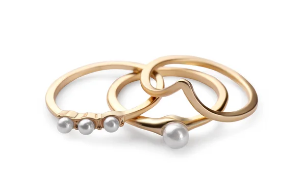 Anéis Elegantes Com Pérolas Isoladas Branco — Fotografia de Stock
