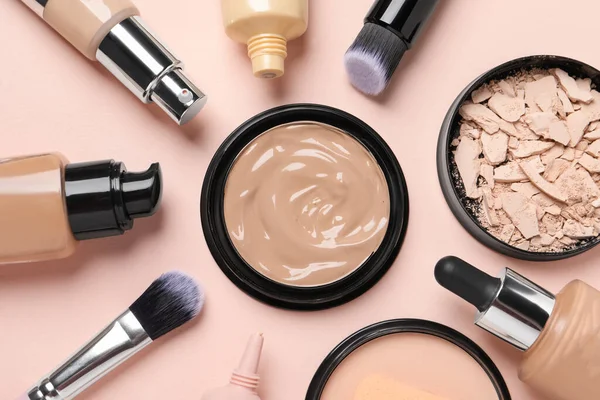Liquid Foundations Beauty Accessories Face Powders Beige Background Flat Lay — Stock Photo, Image