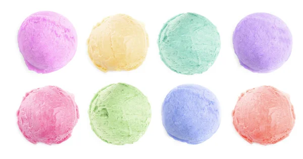 Набор Шариков Мороженого Различных Цветов Вкусов Изолирован Белом Вид Сверху — стоковое фото