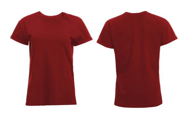红色妇女T恤的正面和背面背景为白色 用于设计的模型 — 图库照片