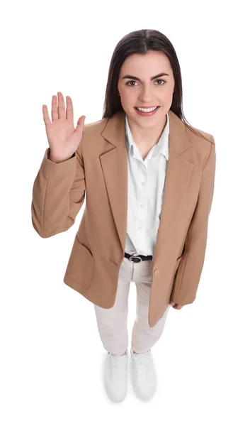 Beautiful Young Businesswoman Gesturing White Background View — Stock Photo, Image