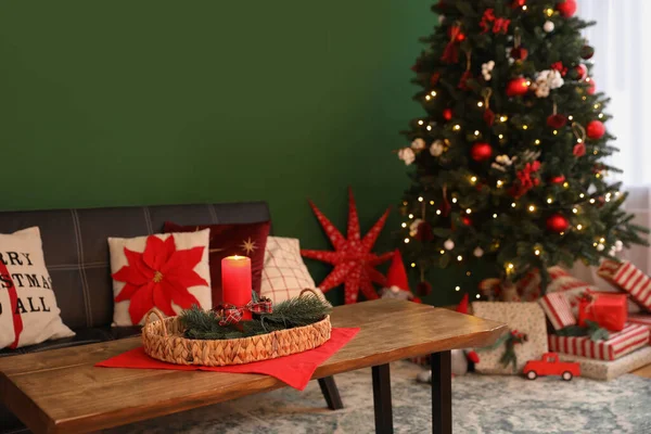 Wicker Tray Red Candle Fir Branches Wooden Table Indoors Space — Stockfoto