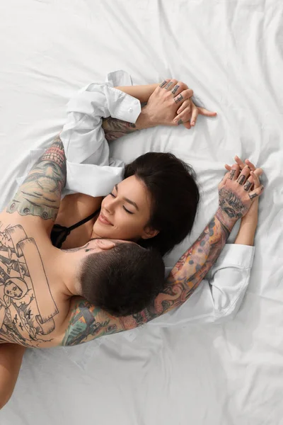 Пристрасна Пара Займається Сексом Ліжку Вид Зверху — стокове фото
