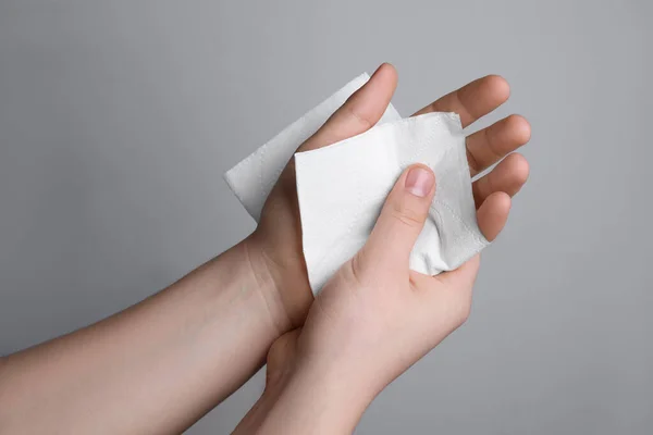 Woman Wiping Hands Paper Towel Grey Background Closeup — 스톡 사진